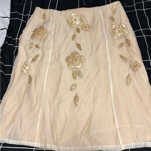 Cream Midi Skirt with Gold Embroidered Details